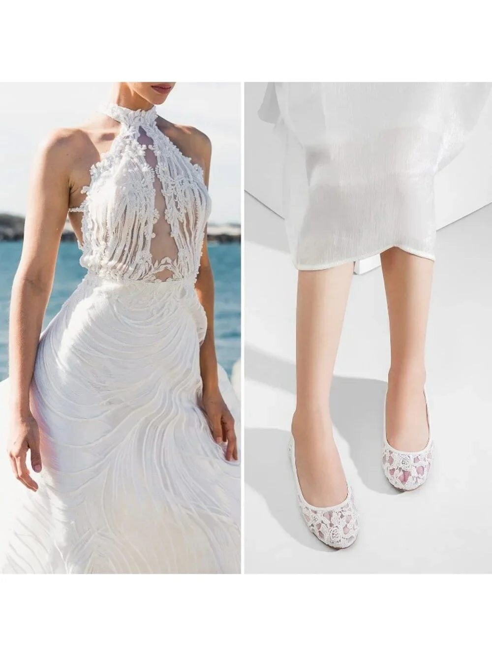 Women's White Lace Ballerina Flats Round Toe Slip on Floral Casual Dressy Shoes